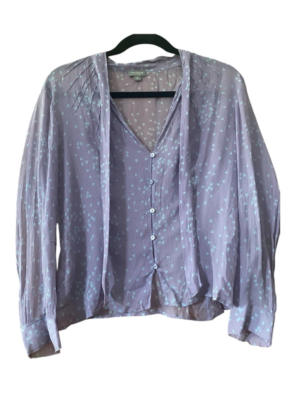 Ann Taylor Silk Tie Neck Button Front Blouse LP Lilac Blue Office Career Top